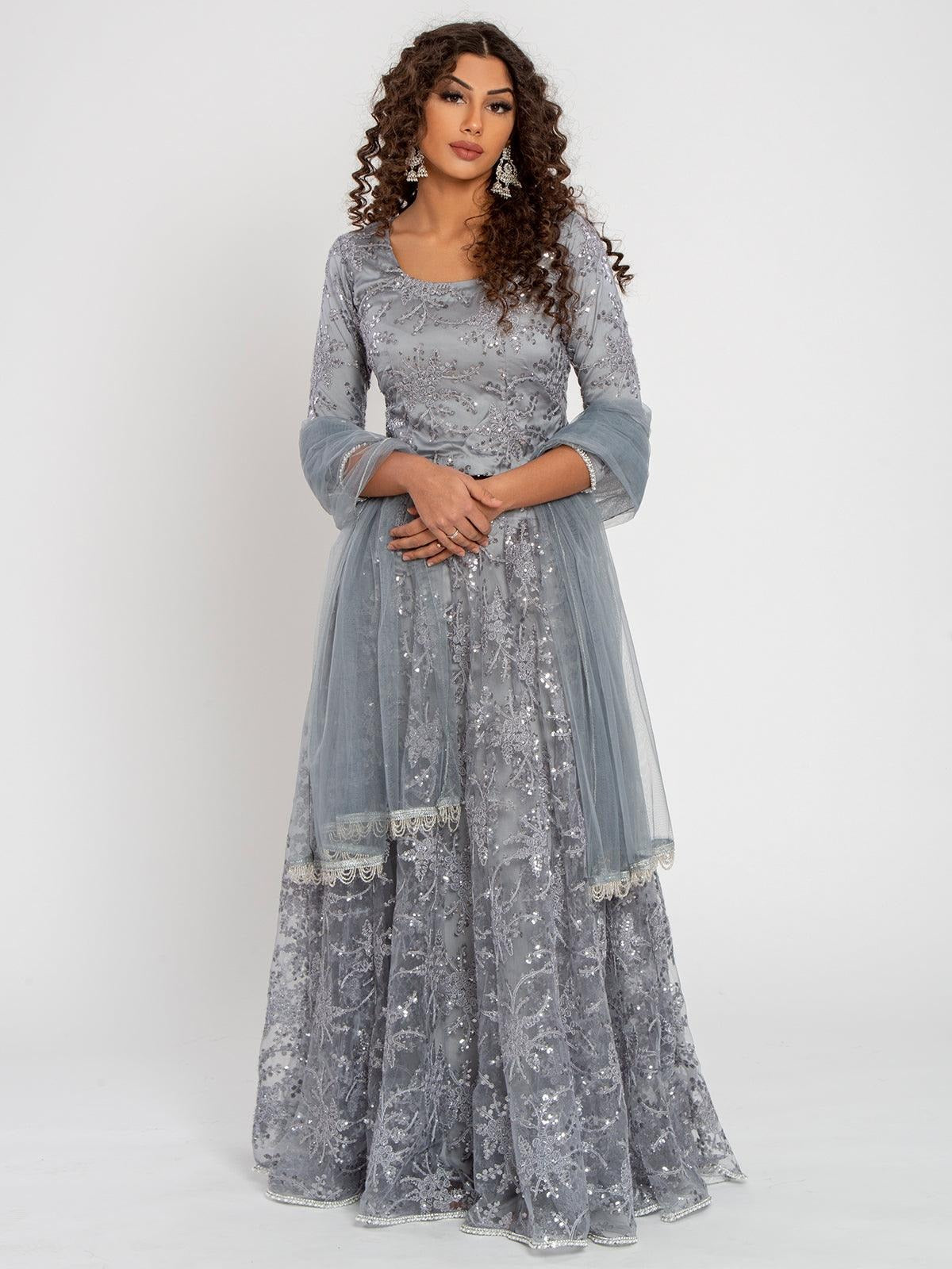 Thread Embroidered Net Lehenga
